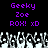 Purple text on black background with pixelated crowd below; identical left and right sides show 'Geeky Zoe ROX! xD' in purple block letters.