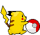 Pixelated yellow Pikachu with brown stripes and red cheeks holds a red-and-white Poké Ball, its tail sparks yellow electricity