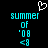 Pixelated cyan text 'summer of '08 <9' on black background with white heart outline above, two identical static frames side-by-side.
