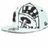 Six distinct cartoon-style hats and a character icon arranged in two on white background, each with unique designs including text and symbols