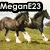 Animated sequence showing horses in motion with text overlays reading "MeganE23", "LOVES", and "HORSES".
