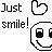 A 4-frame animated contact sheet showing pixel art icons with text and emoticons, featuring repeated 'Just smile!' and 'thanks.' phrases alongside heart symbols and smiling faces in various color schemes.