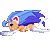 Pixelated character with blue spiky hair and red ear accents runs in a sequence of showing forward motion progression
