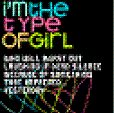 Static digital icon with multicolored pixelated text on black background, displaying a phrase in stylized lettering with visible dithering and color bleeding effects.