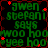 Green pixelated text on black background with red star accents, repeating 'gwen stefani says woo hoo yee hoo' in a pattern