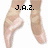 Pixelated image of ballet dancer's feet in pointe shoes with text overlays, showing slight pose variations across frames.