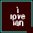 Dark brown square with cyan border contains white pixelated text 'i love ian' and a small cyan heart symbol in the bottom-right corner.