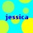 Blue background with yellow and light green circles; four instances of the name "jessica" in blue text.