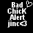 Pixelated white text on black background with a heart symbol above 'Bad Chick Alert jinc' text, showing two states where the heart symbol appears in one state and is absent in the other.