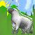 Pixelated static image of a light-colored goat standing in a green field with yellow flowers under a blue sky.