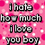 six pink with white polka dots and red splatters, each containing black text expressing conflicted love