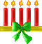 Pixelated red candles with yellow flames on a gray background, each candle mounted in a golden base holding five candles total.