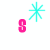 Pixelated pink text letters and cyan starbursts on white background, with no visible motion changes.