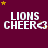 Maroon background with yellow and brown stars, white text reading 'LIONS CHEER' with a small heart symbol, and a gray rectangular area in the bottom right corner.
