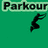 Green background with pixelated text 'Parkour' and a black silhouette of a person in mid-jump pose.
