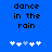 Blue background with black pixelated text 'dance in the rain' and five white plus signs below, one of which is light blue.
