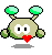 Pixelated character with green antennae and red lower body, showing heart animation in first