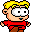 Pixel art character with yellow hair, red shirt, brown pants in multiple poses showing arm and leg positions changing across frames.