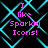 Pixelated text reads "I like Sparkly Icons!" in pink over a black background with cyan diamond-shaped lines.