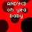Red background with dark brown and black circular shapes, white pixelated text reading ANDY<3 oh yea baby in four quadrants.