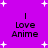 Purple background with white star shapes and black text reading "I Love Anime" in four quadrants, with animated changes to star positions and text clarity.