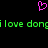 A pixelated image with a pink heart symbol above green text reading 'i love dong i love dong' on a black background.
