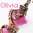 Animated pink and gold object with 'Olivia' text in two color variations, showing a transition from pink to black lettering.