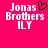 Pixelated text 'Jonas Brothers ILY' on bright pink background with black heart symbol above 'Brothers'.