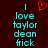 A pixelated image with cyan text reading 'I love taylor dean fick' on a dark red background, featuring a red heart symbol above the word 'love'.