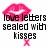 Pixelated pink lips above black text reading 'love letters sealed with kisses' on white background with small pink X below.