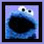 A 2x2 contact sheet of four animated frames featuring a blue Cookie Monster character, a light blue 'I' letter, a light blue heart symbol, and partial text reading "Cookie Mons-ter" on black backgrounds with purple borders.