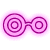 Two side-by-side circular icons with concentric rings and a connecting bridge, one pink-hued and the other purple-hued.