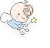 Pixelated angel with spiral hair, blue outfit, white wings holding yellow star; gray background with scattered stars.