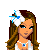 Pixel art of a female character with long brown hair wearing a white top, blue dress, and white flower accessory, holding a black clutch bag.