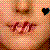 Pixelated icon with peach-toned background, red floral-like shapes in center, and black heart-shaped symbol on right edge.