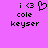 Pixelated icon with pink background, black text 'cole' and 'keyser', two versions of a heart symbol above the text.