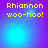 Yellow pixelated text 'Rhiannon woo-hoo!' on a purple-to-blue gradient background with shifting light effects.