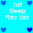 Pixelated blue background with white text 'Eat Sleep Play Lax' and scattered heart icons in varying shades of blue.
