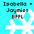 Pixelated white snowflake on cyan background with black text reading "Isabella + Jaymie= BFFL" above it, displayed in four identical