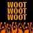 Orange pixelated text "WOOT" repeated in a above orange pixelated flames on a black background