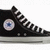 Black high-top sneaker with white laces and a circular blue-and-white logo on the side, shown in multiple views against a plain background.