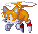 Pixelated cartoon character with orange hair, white face, brown ears, and red-and-white limbs in two side-by-side poses against gray background.