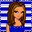 Pixel art contact sheet of a female character with brown hair wearing a blue top, displayed across three frames showing slight pose variations against a striped background.