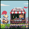 Pixel art scene showing a knight and cat-like character at a shop stall under a blue sky with clouds.