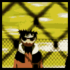 A pixelated character with spiky black hair and a white headband stands behind a chain-link fence, wearing an orange jacket over a dark shirt.
