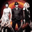 Pixelated image of three figures in formal attire against a gradient background with orange and red tones, surrounded by orange text on a dark green field.