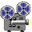 Pixelated film projector with two reels, gray body, yellow light beam, and red indicator dot on four variations showing reel rotation changes.