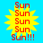 Yellow starburst shape with red text "Sun" repeated four times above "Sun!!!" on bright blue background.
