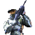Pixelated figure in dark blue and brown attire holding a large white shield, with a tall pointed hat extending above the frame against a solid gray background.