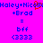Pixelated text on bright pink background with blue and red accents, showing two identical side-by-side text blocks with 'Haley+Nicoll' at top, '+Brad' below, 'bff' and '<3333' at bottom, and a red pixelated 'D' over the 'l' in 'Nicoll'.
